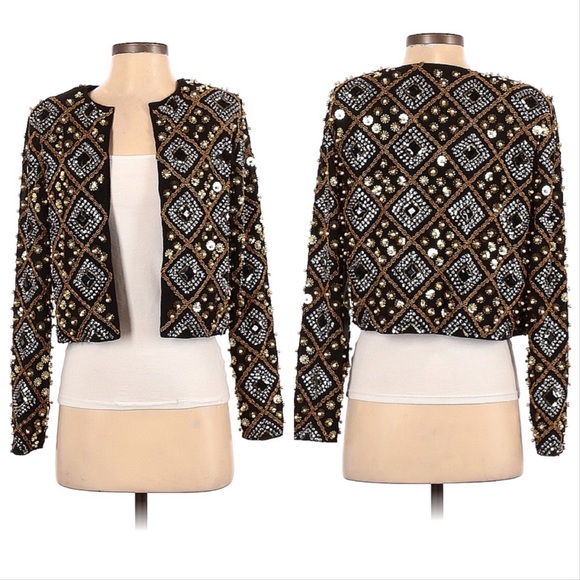 House of Harlow 1960 X Revolve Sequin & Beaded Crop Blazer Gold Silver Black XXS - Picture 1 of 12